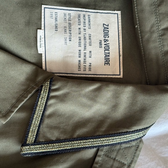 Zadig & Voltaire Klimi Cotton Military Jacket Green with Braid Trim Size M